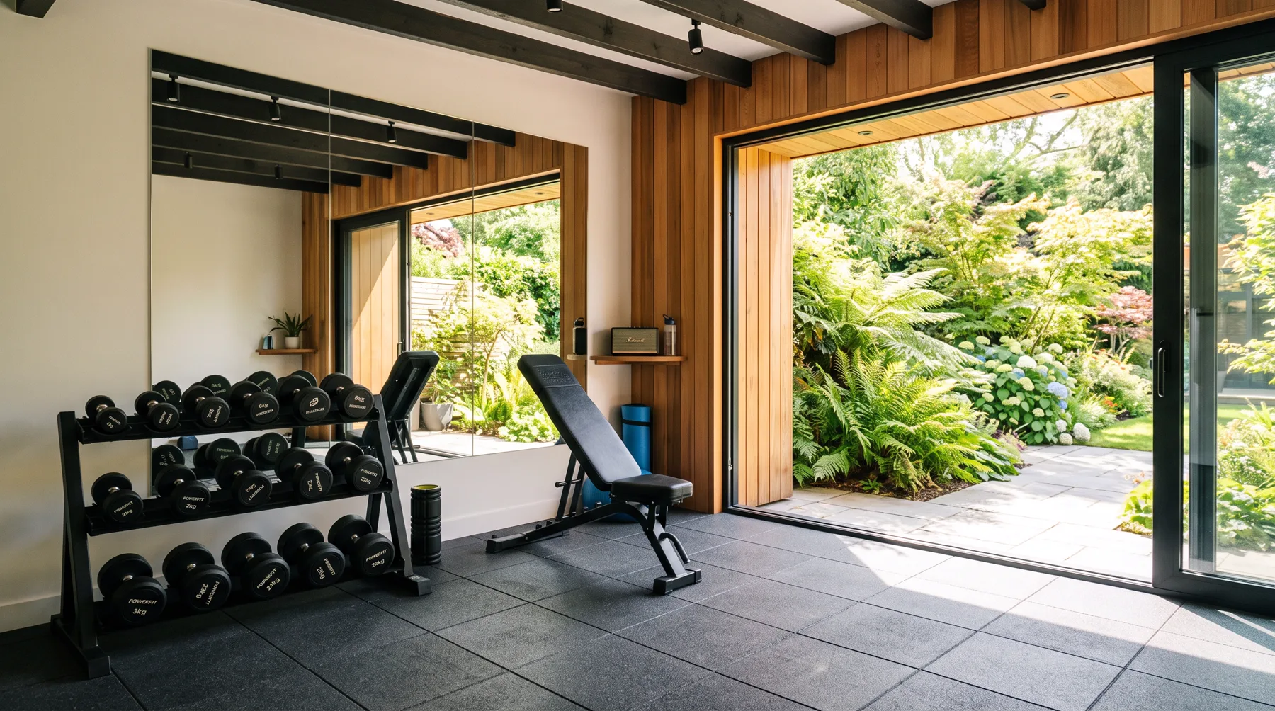 Garden room home gym with dumbbells, bench and mirror wall