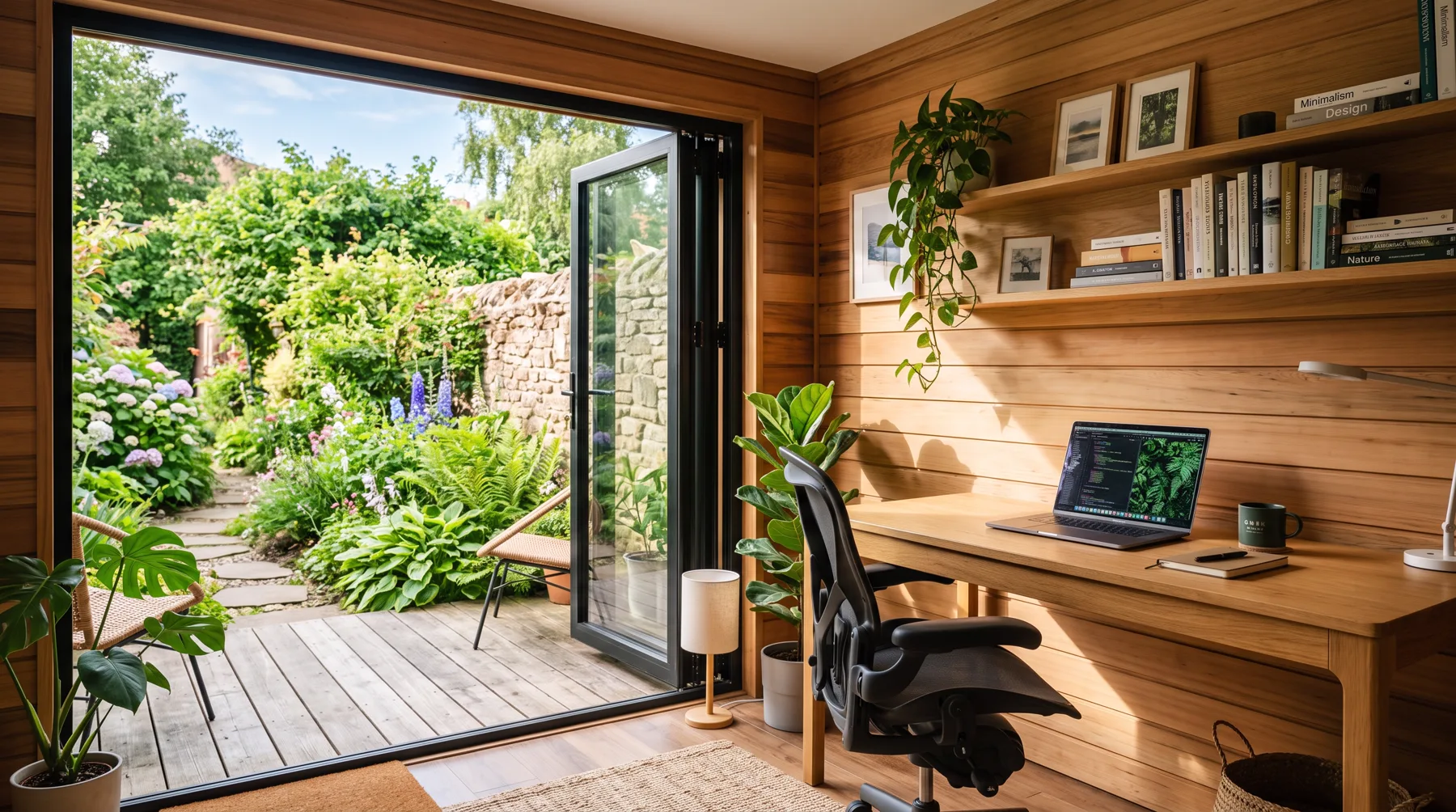 Cedar-clad garden room home office with bifold doors onto the garden