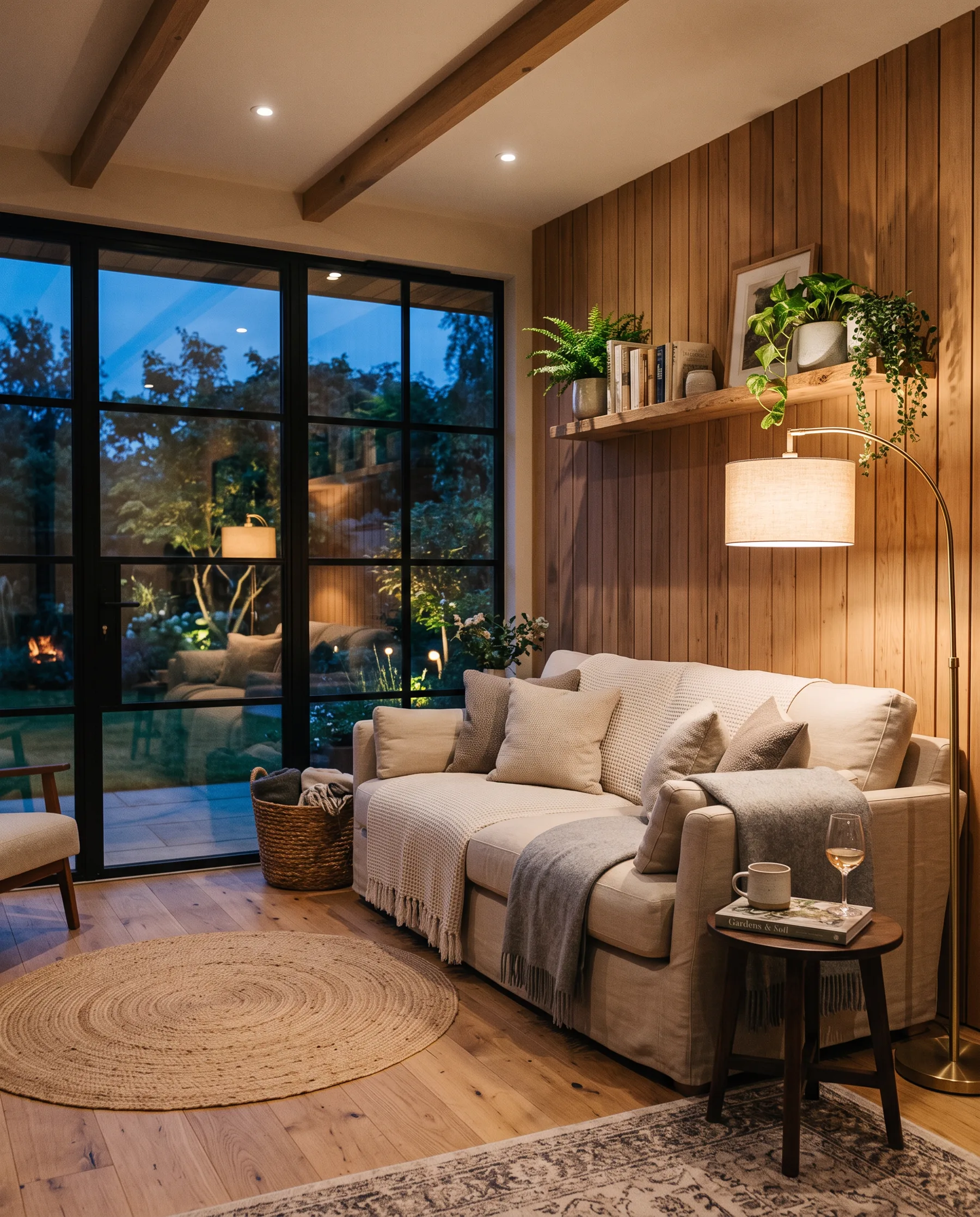 Cosy finished garden room retreat at dusk with linen sofa and warm lighting